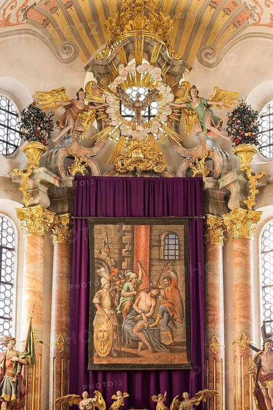 Restored Lent scarf hangs in church above altar