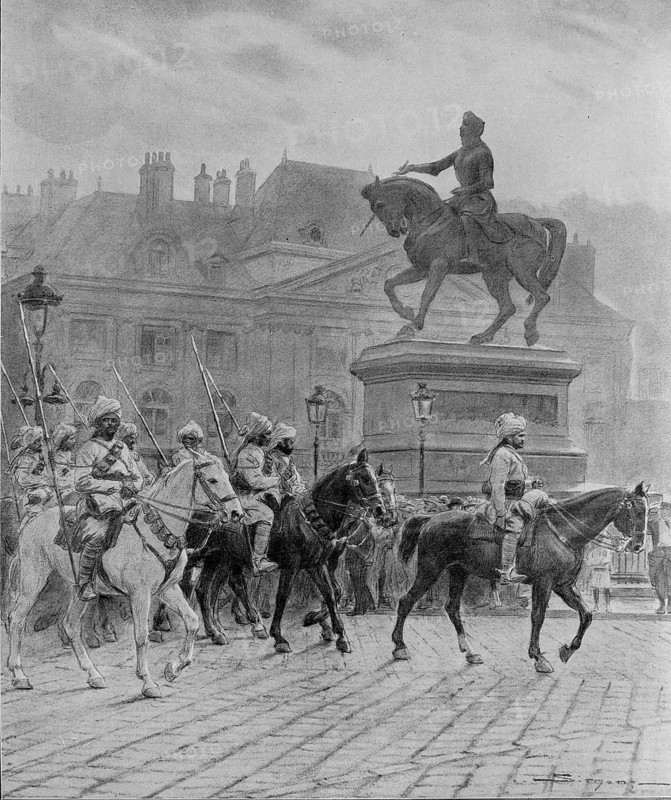 Bengal lancers parading in front of Jeanne d'Arc statue in Orleans