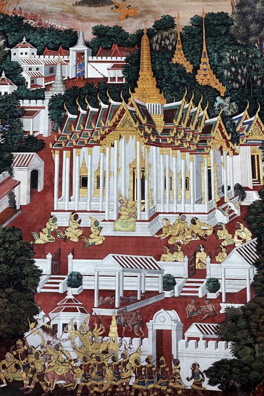 Buddhist temple complex with scene from Ramakia