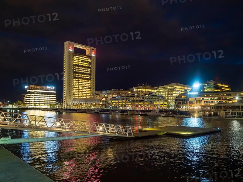 High-rise buildings at the South Dock by night