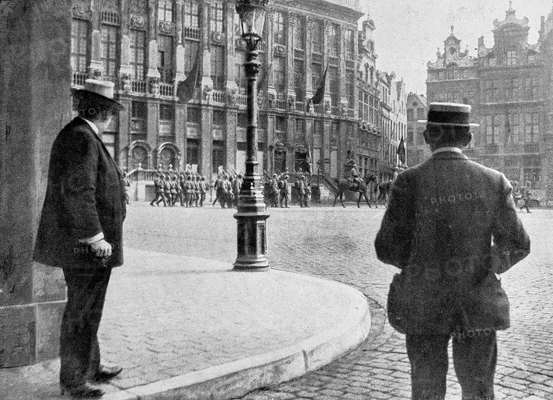 German infantry parading on Brussels Grand Place on 20 August 1914