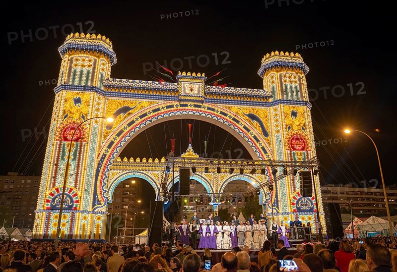 Colorful illuminated entrance portal at night