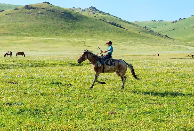 Kyrgyz boy riding his horse