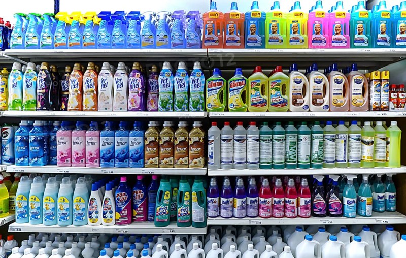 Cleaning agents in a shelf in a Turkish supermarket