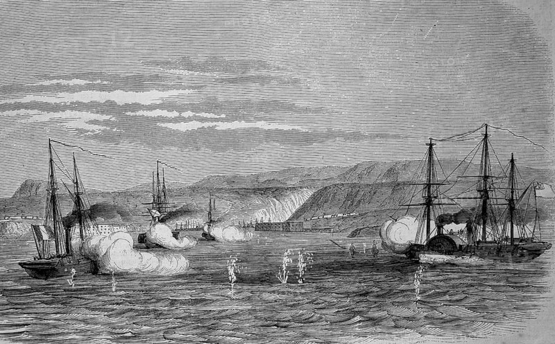 A sea battle between Russian and French troops in front of the Crimean peninsula