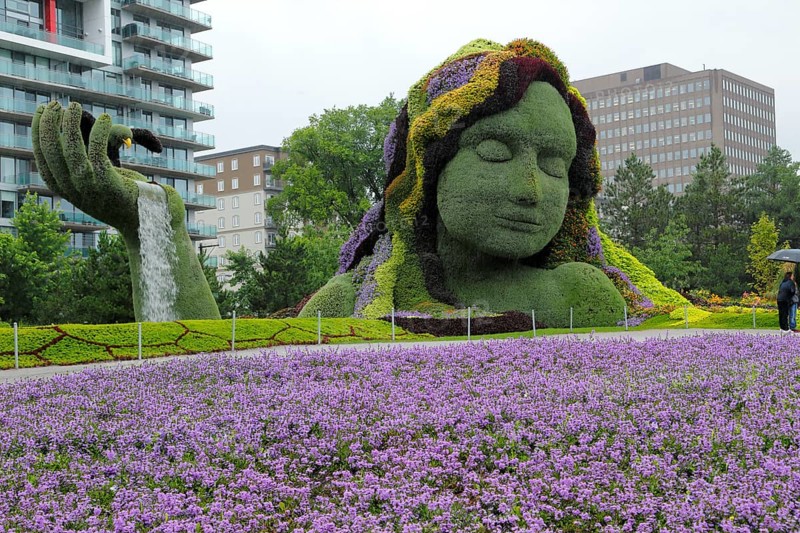 Plant sculpture Mother Earth with modern buildings behind