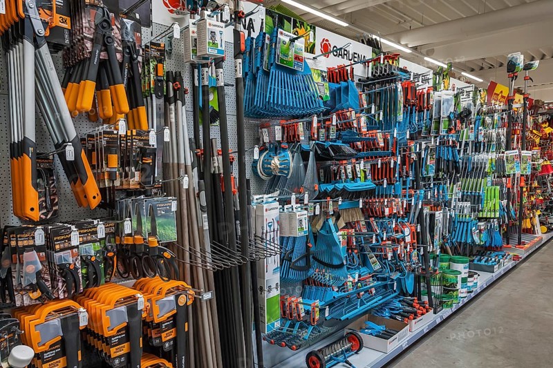 Garden tools on shelves