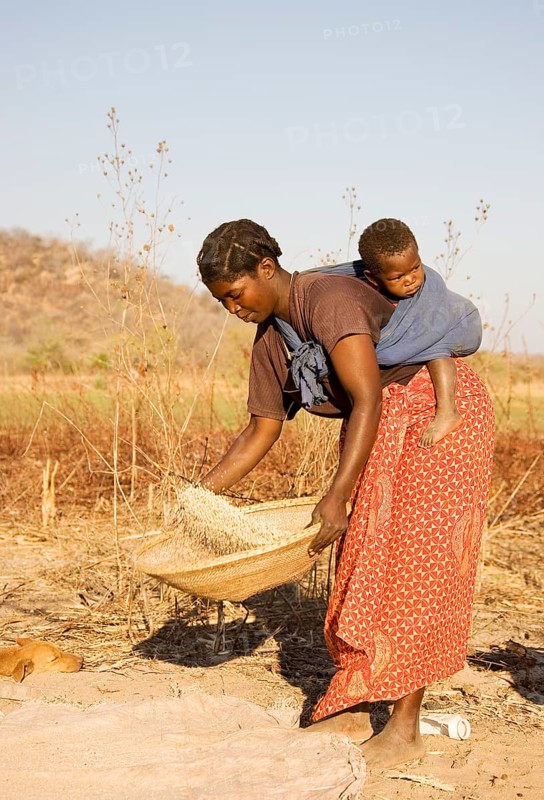 Tonga woman with child on her back sifting grains