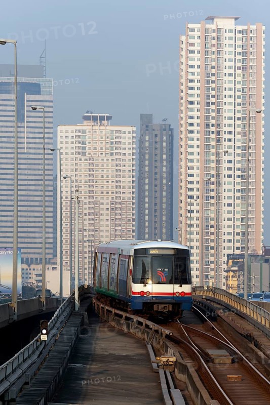 BTS Skytrain in front of skyscrapers
