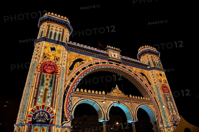 Colorful illuminated entrance portal at night