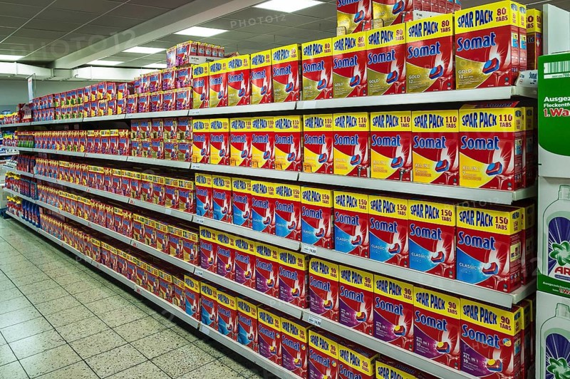Shelf with detergent in a supermarket