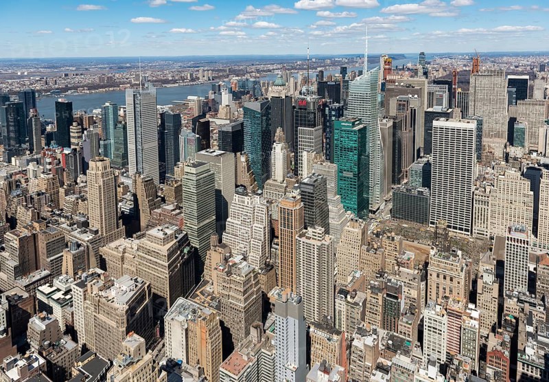 View of skycrapers around Times Square and Midtown Manhattan from Empire State Building