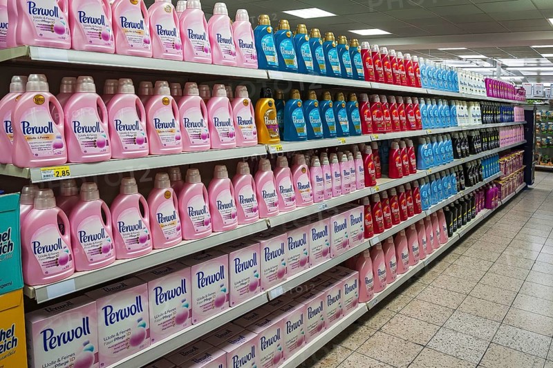 Shelf with detergent in a supermarket