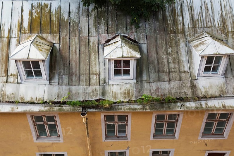 Top view of old architectural apartment building with standing seam sheet metal roof and vegetation growing in the eavestrough