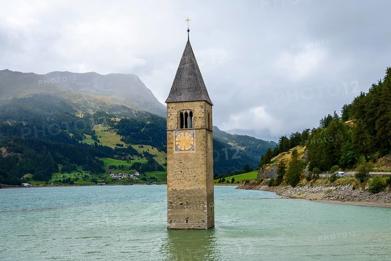 Church tower of Alt-Graun in the Reschensee reservoir