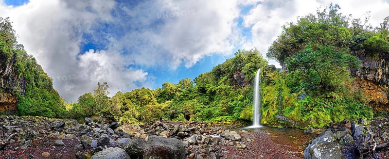 360 panoramic view of the Dawson Falls waterfall in the middle of a tropical rainforest