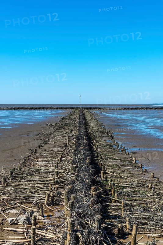 Groyne at the Eidersperrwerk at low tide and cloudless sky