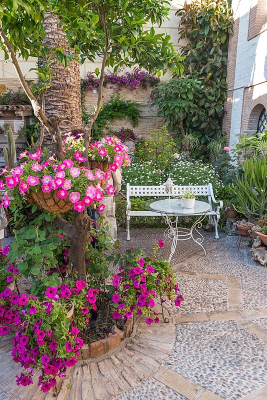 Flowers in a courtyard with a garden bench