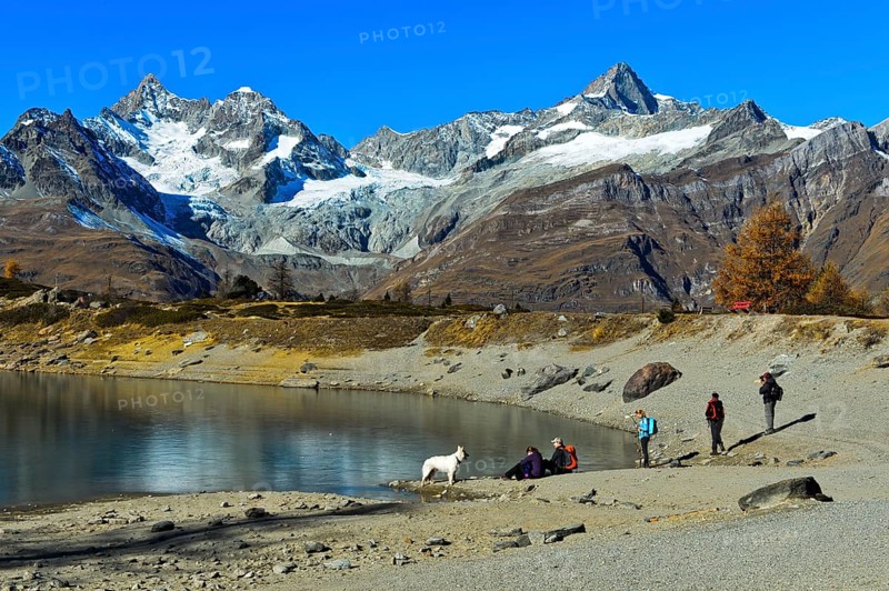 Group of tourists at mountain lake Gruensee