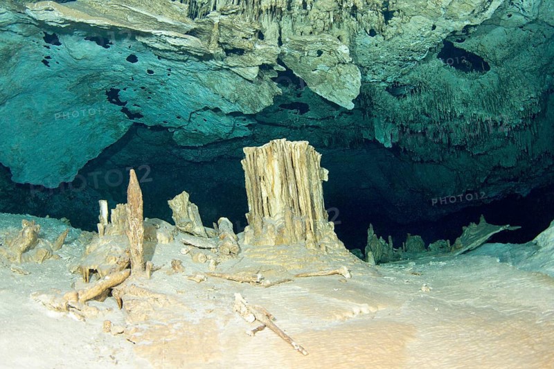Stalagmites in the underwater cave Cenote Tajma Ha
