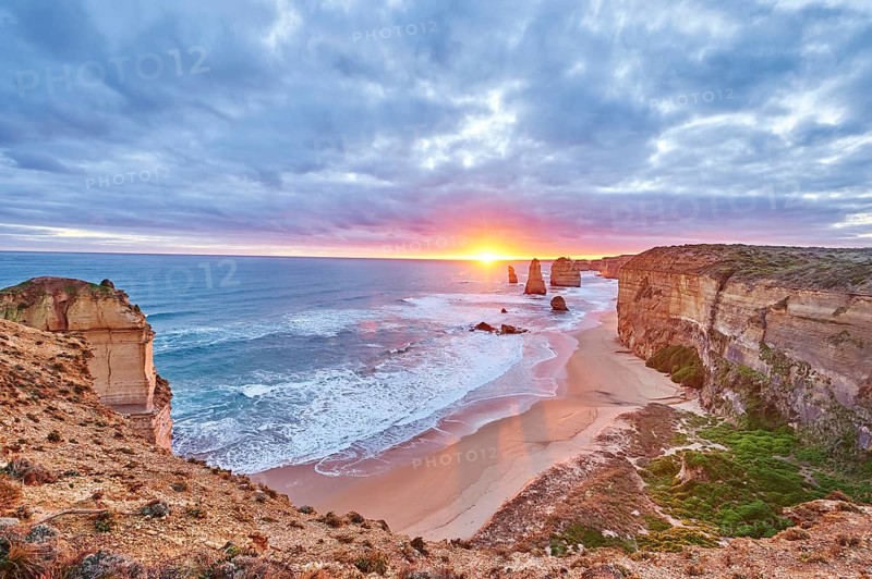 Rocky coast with the Twelve Apostles at sunset