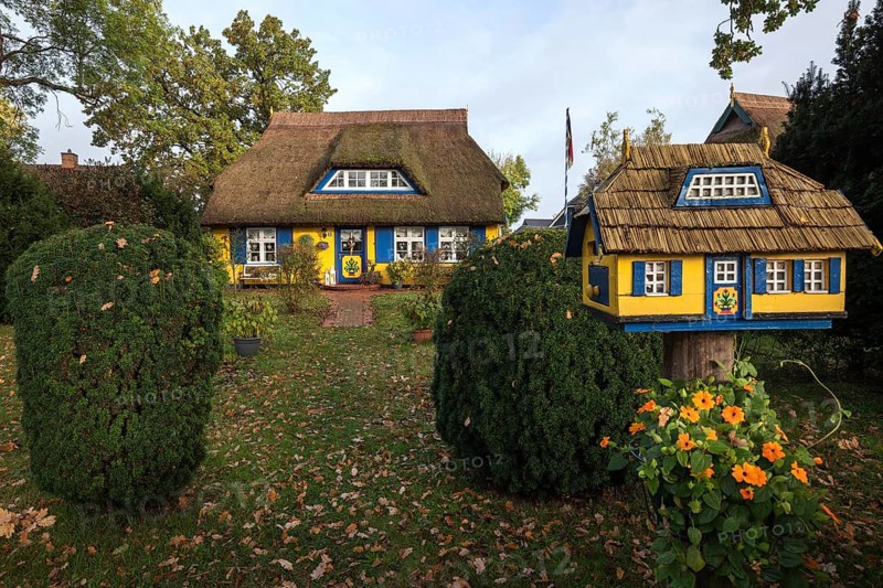 Typical yellow thatched-roof house with bird house