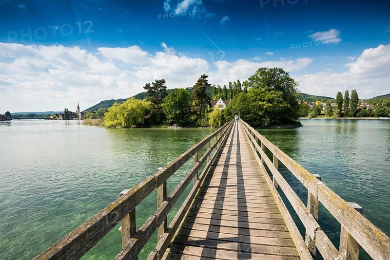 Wooden bridge crossing the Rhine River to the monastery island of Werd
