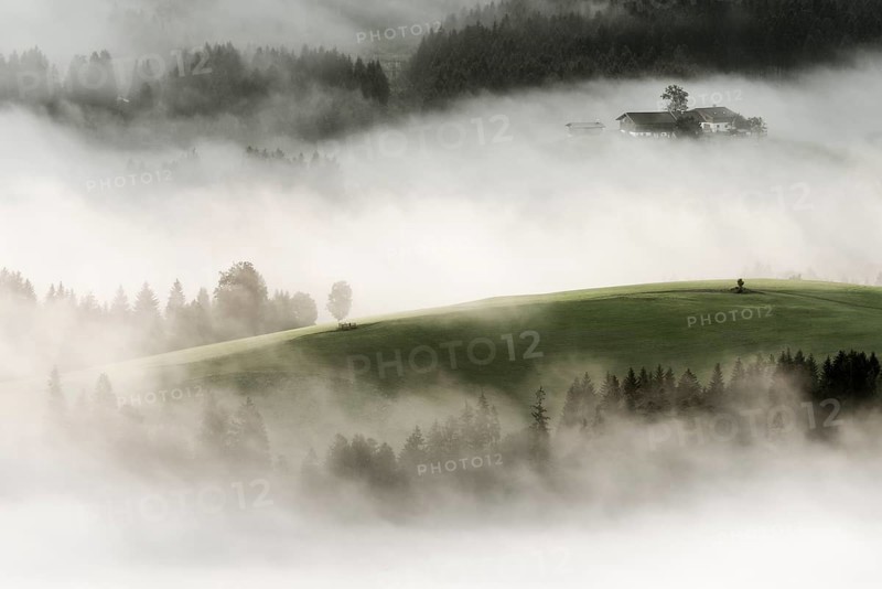 Mountain meadow with mountain farm and sea of fog