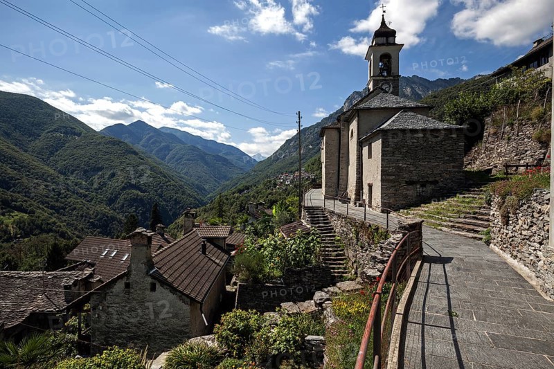 View of the mountain village Isorno with church