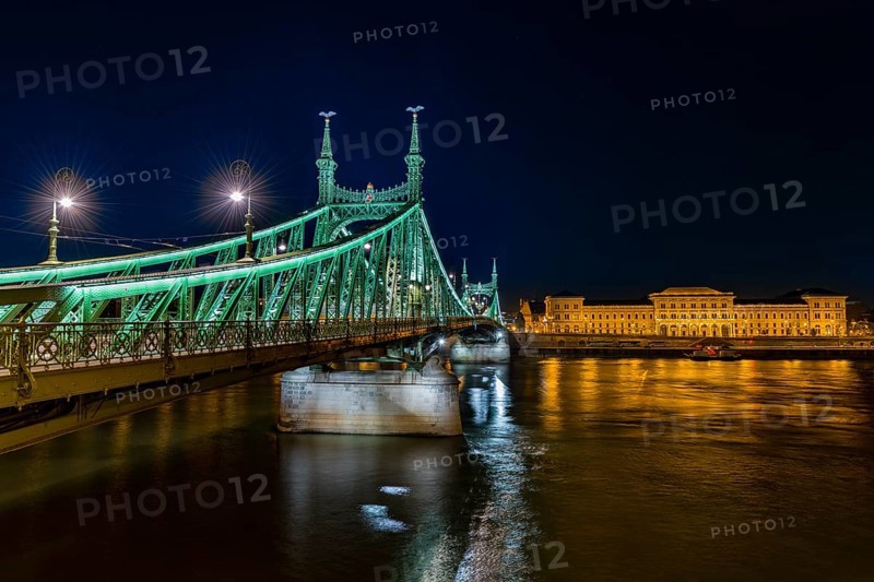Freiheitsbrucke with Danube and Corvinus University at night