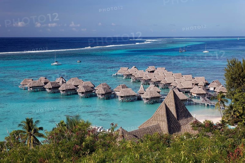 Water bungalows in lagoon