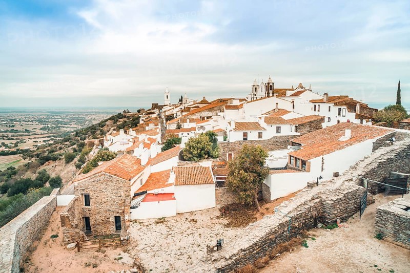 Historic red roofed Monsaraz located on the hill in Alentejo