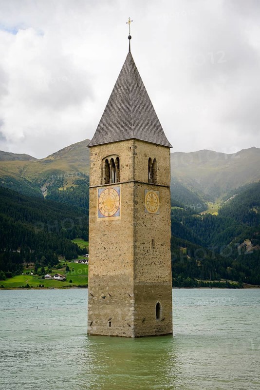 Church tower of Alt-Graun in the Reschensee reservoir