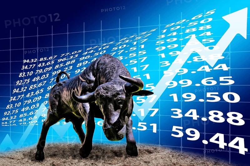 Bull in front of rising stock curve