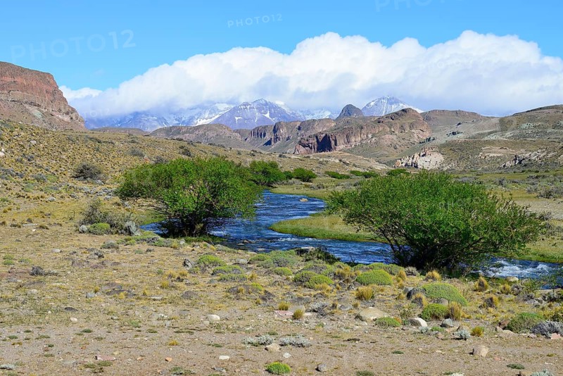 River with mountain panorama in the Meseta del Lago Buenos Aires