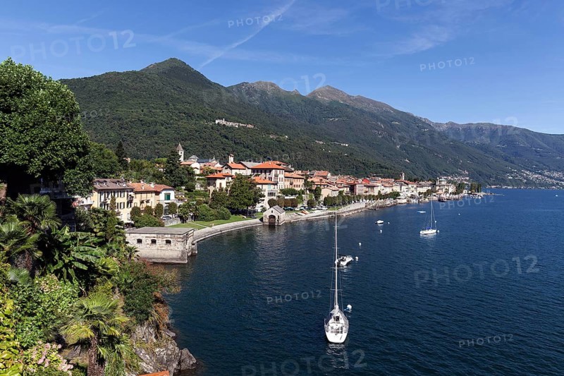 View of the old town of Cannobio and the surrounding mountains