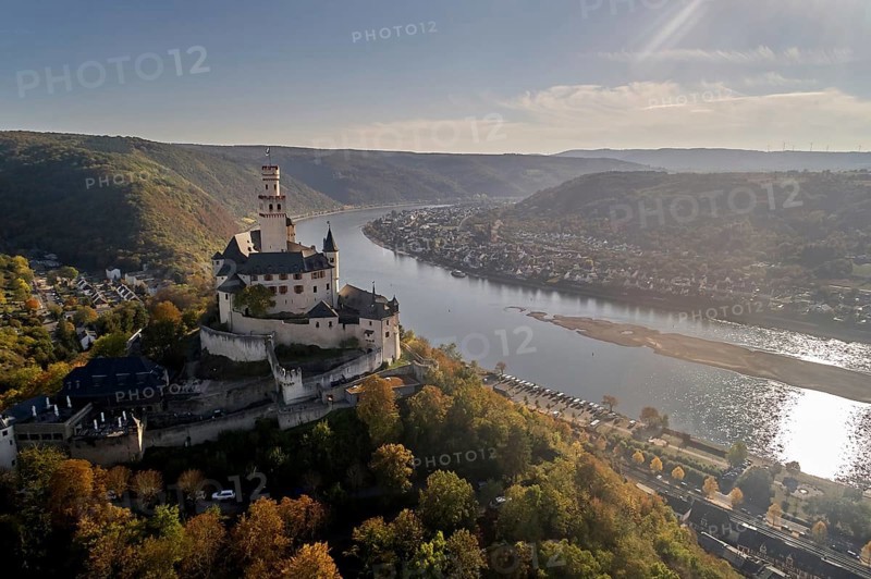 Marksburg Castle in the UNESCO World Cultural Heritage Upper Middle Rhine Valley high above the Rhine near Braubach
