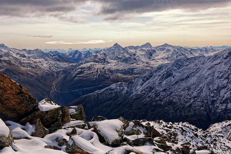 View from the Gaislachkogel to the snowy Otztal Alps