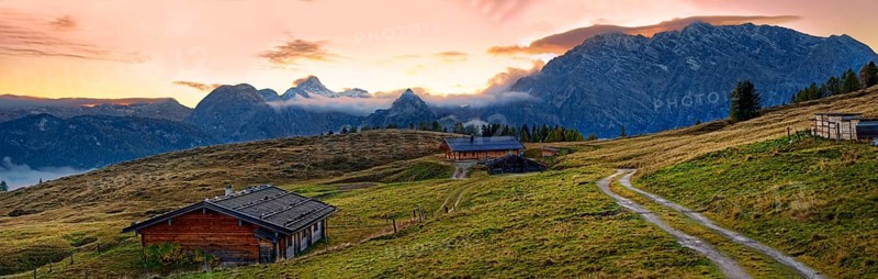 Mountain panorama Berchtesgarden Alps with Watzmann east face at sunset