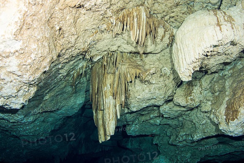 Drooping stalactites in the Cenote Tajma Ha underwater cave
