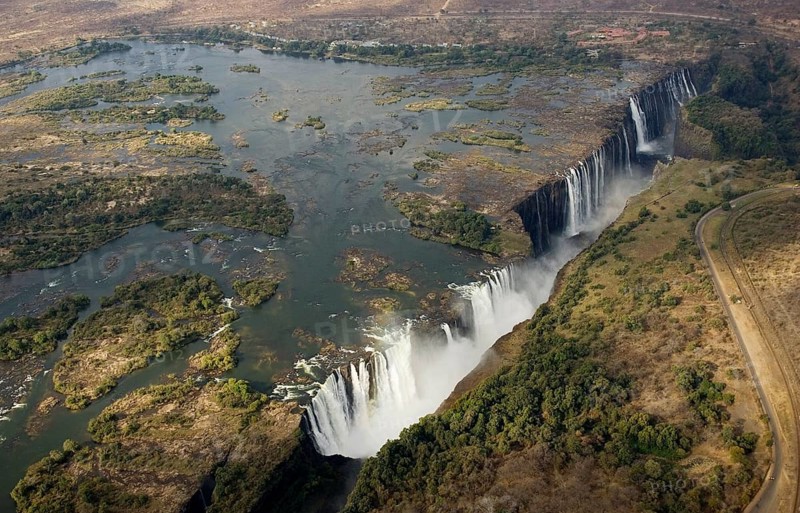 Aerial view of the Zambezi River and the Victoria Falls