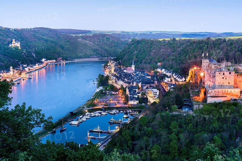 Rheinfels Castle illuminated at dusk