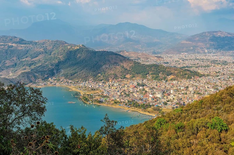 View over Pokhara and Phewa Lake from the World Peace Pagoda