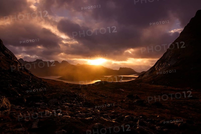 Sunrise over the Ryten mountain near Kvalvika Bay