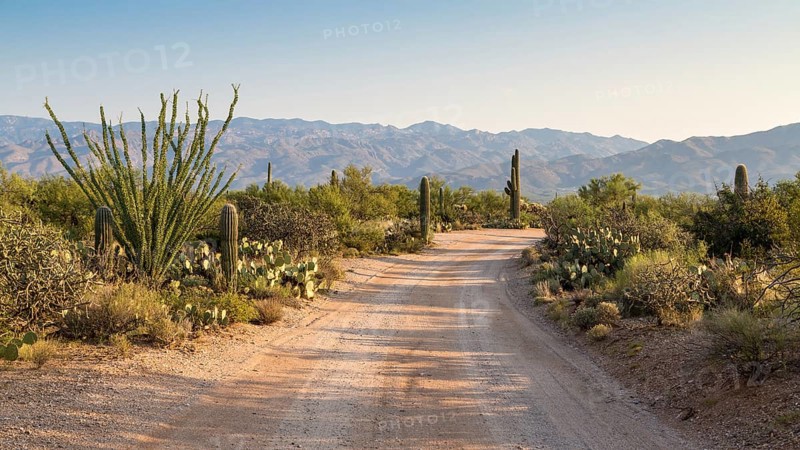 Road through countryside with various cacti (Cactus)