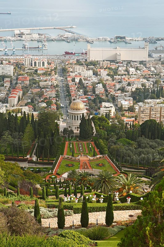 The Gardens of the Bahai on Mount Carmel and Shrine of Bab Tomb with Dome
