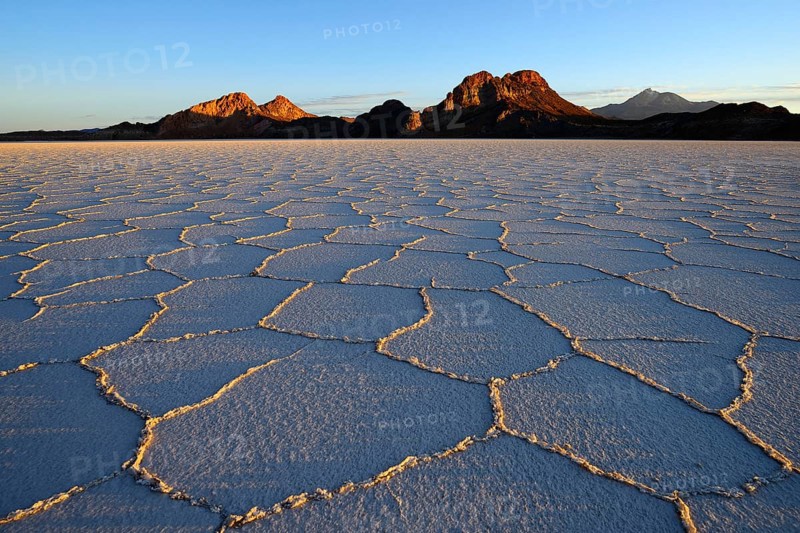 Honeycomb structure on the salt lake at sunrise