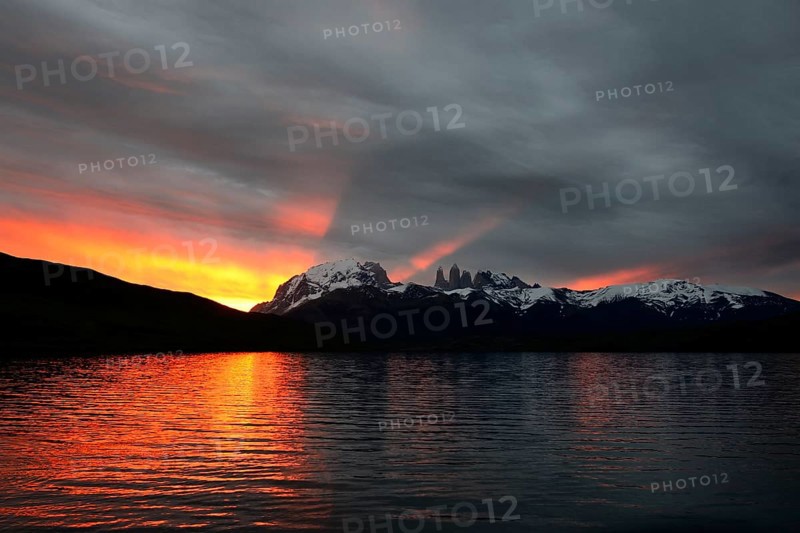 Torres del Paine at sunset with clouds