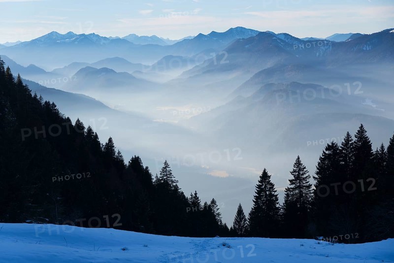 View from Schonberg near Lenggries to Jachenau with the Ester Mountains