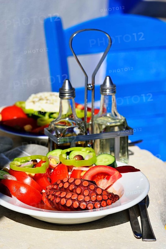 Octopus with tomato and paprika served on plate